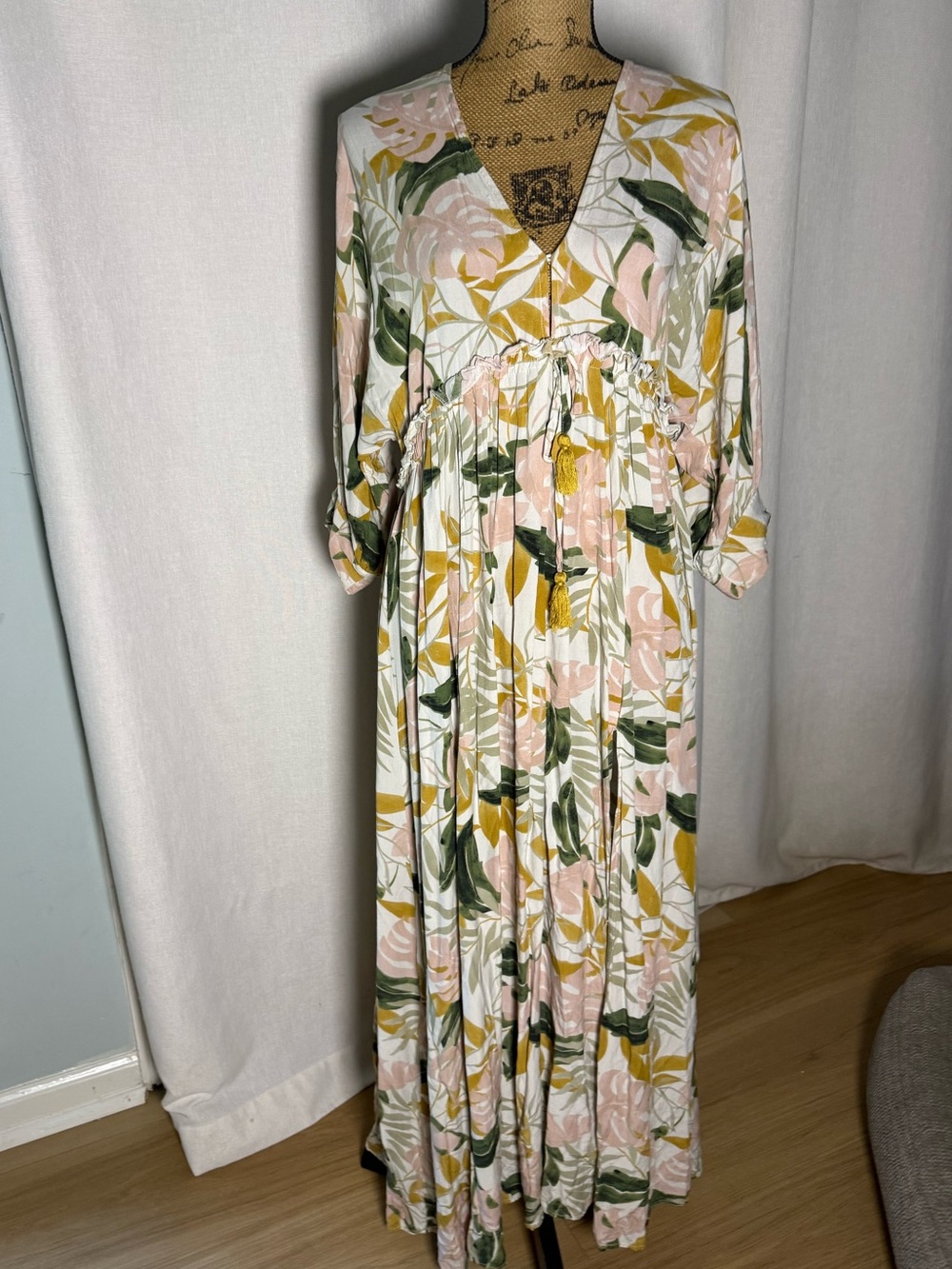 Aakaa Pink, Olive & Mustard Floral V‑Neck Maxi Dress